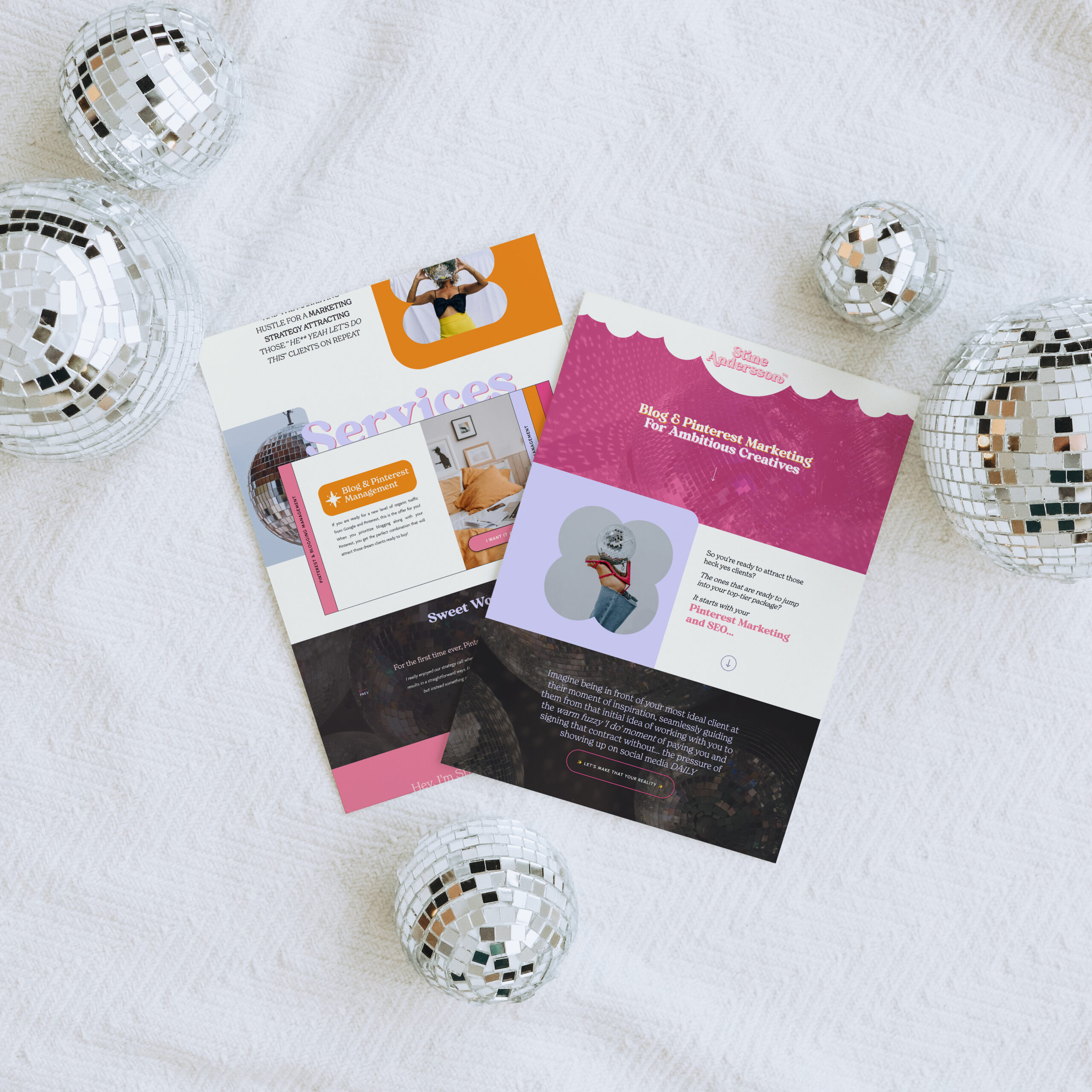 Two pages of a colorful and bright website highlights by discoballs of various shapes that mirror the fun, mirror ball imagery on the pink, purple, and right orange webpages displayed.